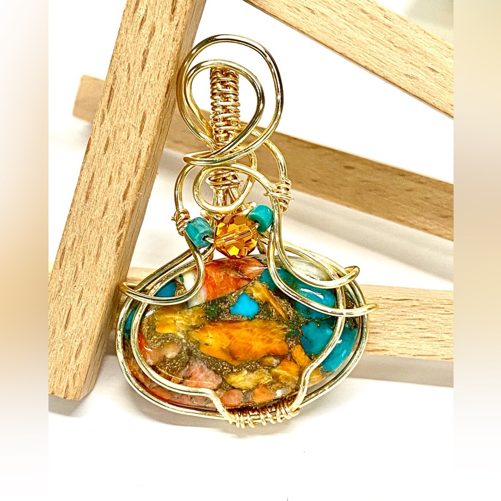 HANDMADE Spiny Oyster Turquoise  Hand Wrapped Gold Plate Statement Pendant